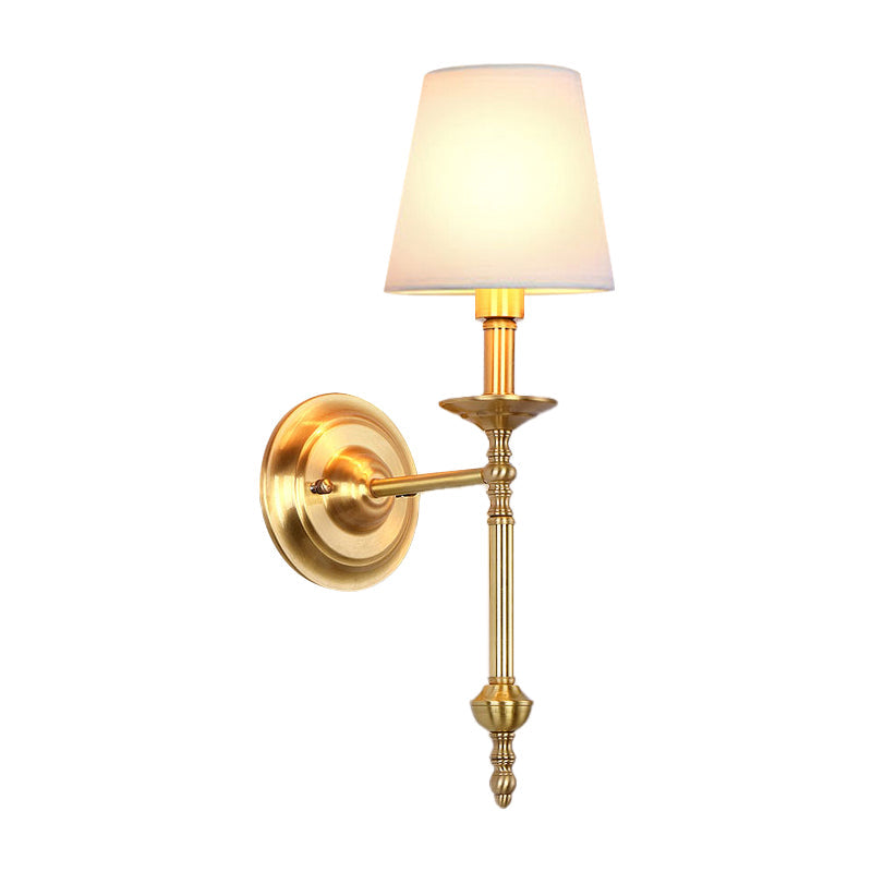 Retro Brass Cone Wall Sconce With White Fabric Shade - Ideal For Dining Room Lighting