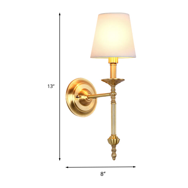 Retro Brass Cone Wall Sconce With White Fabric Shade - Ideal For Dining Room Lighting