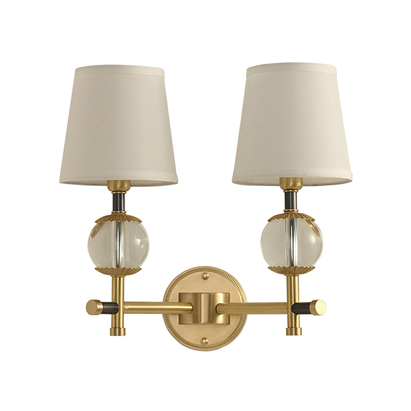 Traditional White Fabric Wall Sconce With Gold Conical Mount Crystal Ball Accent - 1/2 Heads Entry