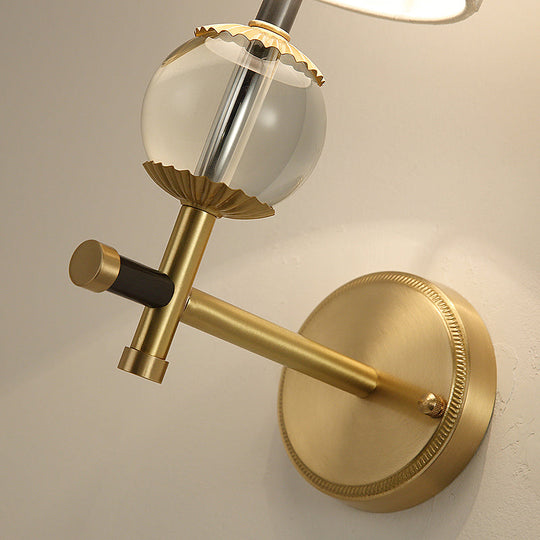 Traditional White Fabric Wall Sconce With Gold Conical Mount Crystal Ball Accent - 1/2 Heads Entry