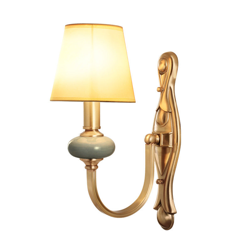 Vintage Fabric Brass Wall Sconce With Tapered Shade - 1 Light Mount Fixture For Living Room