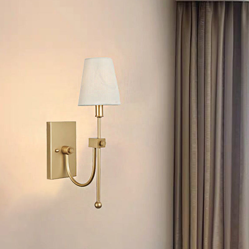 Contemporary Conical Wall Sconce - Single Head White Fabric Shade Gold Finish Ideal For Bedroom