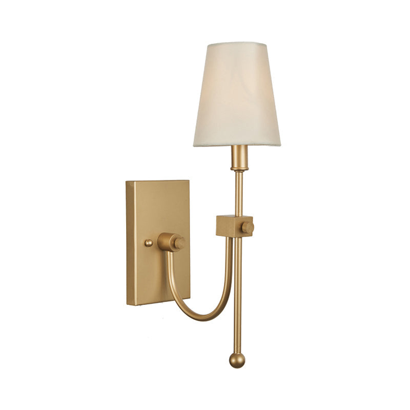 Contemporary Conical Wall Sconce - Single Head White Fabric Shade Gold Finish Ideal For Bedroom