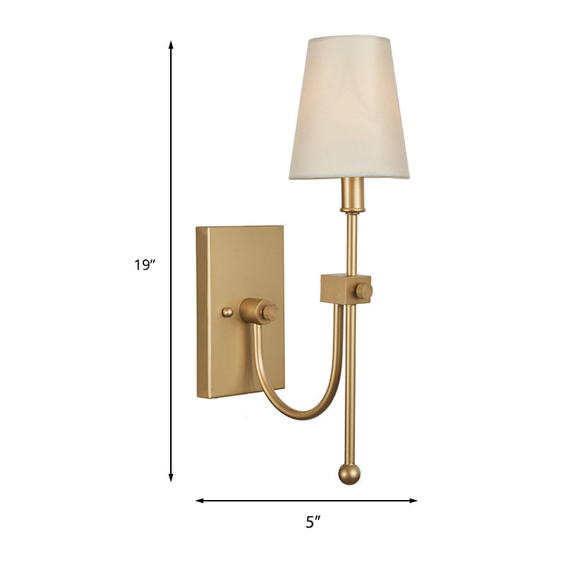 Contemporary Conical Wall Sconce - Single Head White Fabric Shade Gold Finish Ideal For Bedroom