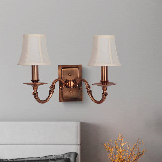 Traditional Copper Wall Sconce With Paneled Bell Design And Fabric Shade For Bedroom Lighting