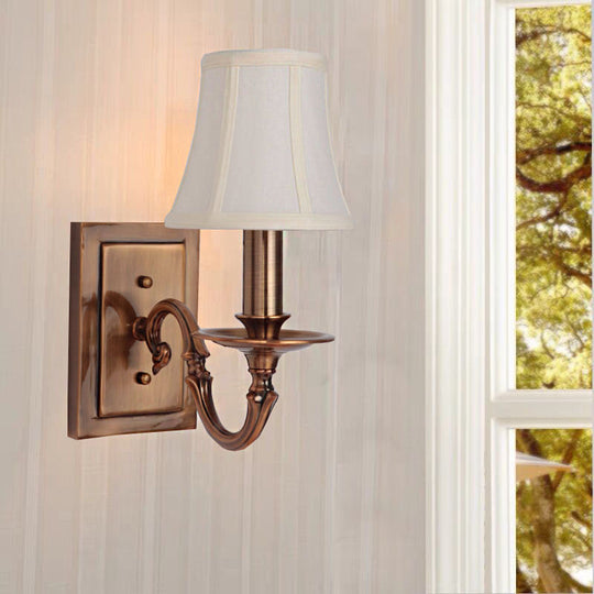 Traditional Copper Wall Sconce With Paneled Bell Design And Fabric Shade For Bedroom Lighting