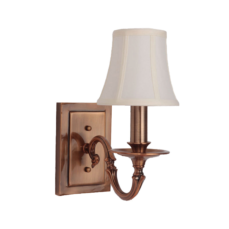 Traditional Copper Wall Sconce With Paneled Bell Design And Fabric Shade For Bedroom Lighting