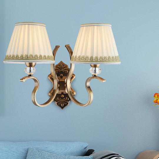 Traditional Gold Pleated Wall Sconce With Crystal Accent - Fabric Shade Half Bulb Ideal For Living