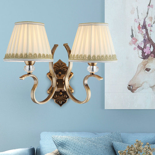 Traditional Gold Pleated Wall Sconce With Crystal Accent - Fabric Shade Half Bulb Ideal For Living