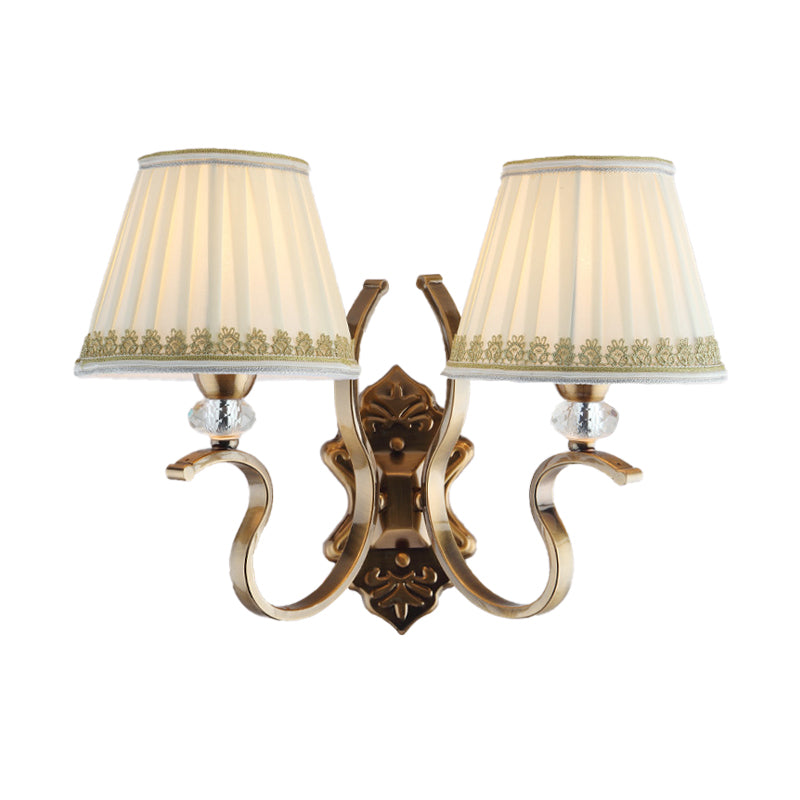 Traditional Gold Pleated Wall Sconce With Crystal Accent - Fabric Shade Half Bulb Ideal For Living