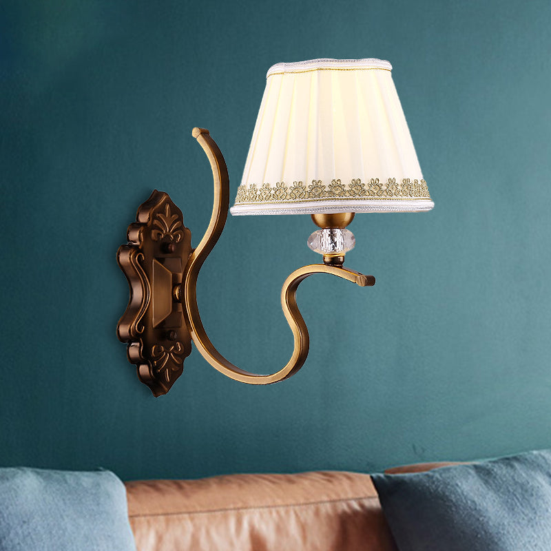 Traditional Gold Pleated Wall Sconce With Crystal Accent - Fabric Shade Half Bulb Ideal For Living