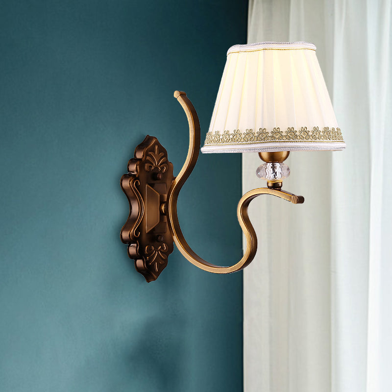 Traditional Gold Pleated Wall Sconce With Crystal Accent - Fabric Shade Half Bulb Ideal For Living