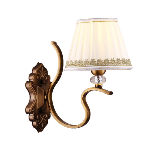 Traditional Gold Pleated Wall Sconce With Crystal Accent - Fabric Shade Half Bulb Ideal For Living