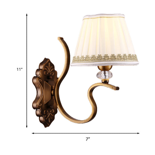 Traditional Gold Pleated Wall Sconce With Crystal Accent - Fabric Shade Half Bulb Ideal For Living