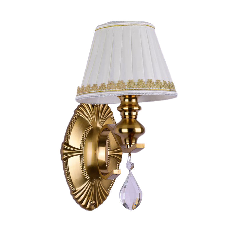 Vintage Fabric Gold Wall Sconce With Crystal Drop - Empire Shade 1/2-Light Mount Fixture