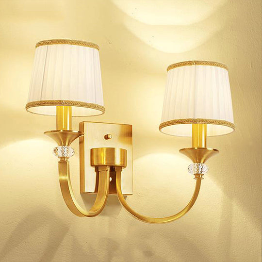 White Fabric Wall Sconce With Traditional Drum And Crystal Accent In Brass - 2 Heads