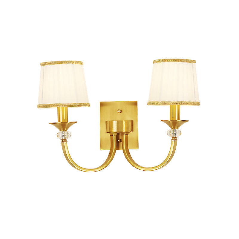 White Fabric Wall Sconce With Traditional Drum And Crystal Accent In Brass - 2 Heads