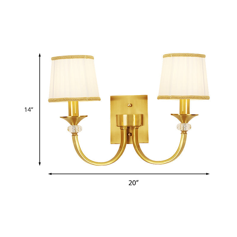 White Fabric Wall Sconce With Traditional Drum And Crystal Accent In Brass - 2 Heads