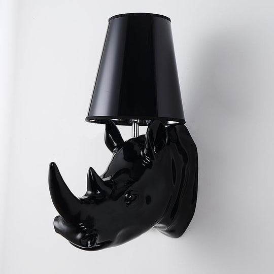 Country Style Rhinoceros Resin Sconce Light - Wall Mounted Lamp With Cone Fabric Shade