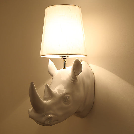 Country Style Rhinoceros Resin Sconce Light - Wall Mounted Lamp With Cone Fabric Shade White