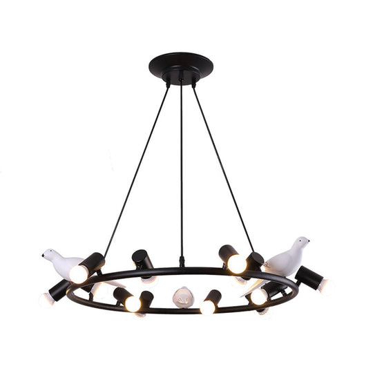 Black Metal Ring Pendant Chandelier with Bird Ornament - Modern 6/8-Light Ceiling Light for Dining Room