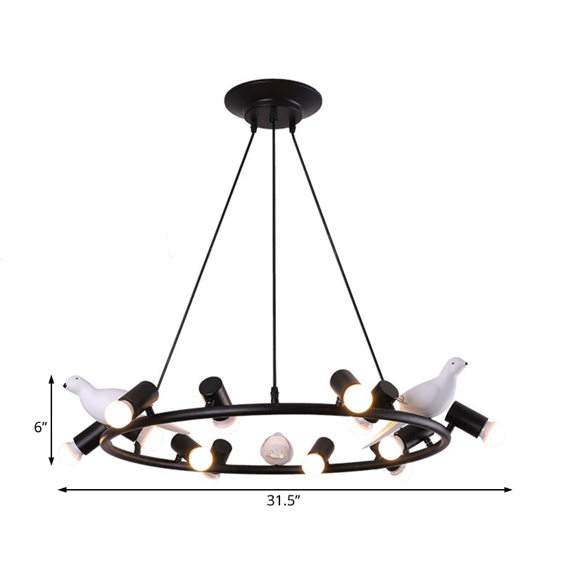 Black Metal Ring Pendant Chandelier with Bird Ornament - Modern 6/8-Light Ceiling Light for Dining Room