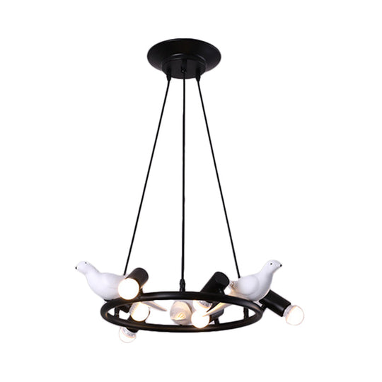 Black Metal Ring Pendant Chandelier with Bird Ornament - Modern 6/8-Light Ceiling Light for Dining Room