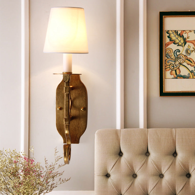 Country Cone Fabric Wall Lamp With Brass Finish And Metal Backplate