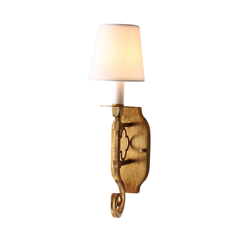 Country Cone Fabric Wall Lamp With Brass Finish And Metal Backplate