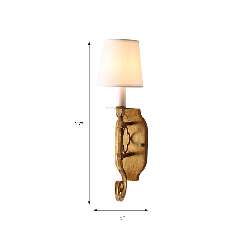 Country Cone Fabric Wall Lamp With Brass Finish And Metal Backplate