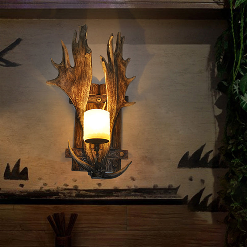 Rustic Wood Antler Resin Wall Sconce With Frosted Glass Shade: 1-Light Dining Room Light Fixture