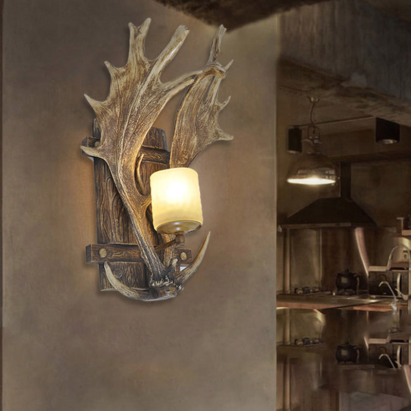 Rustic Wood Antler Resin Wall Sconce With Frosted Glass Shade: 1-Light Dining Room Light Fixture