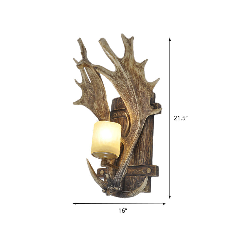 Rustic Wood Antler Resin Wall Sconce With Frosted Glass Shade: 1-Light Dining Room Light Fixture