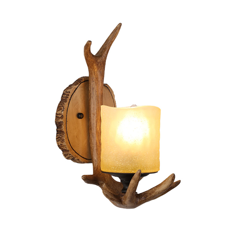 Country Resin Antler Wall Sconce - Wood Finish Frosted Glass Shade Ideal For Living Room Lighting