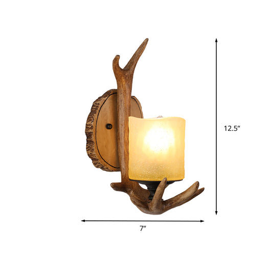 Country Resin Antler Wall Sconce - Wood Finish Frosted Glass Shade Ideal For Living Room Lighting