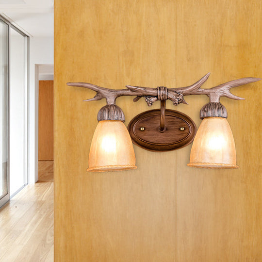 Rustic Dark Wood Cone Wall Sconce With Antler Deco - 2-Light Corridor Lamp