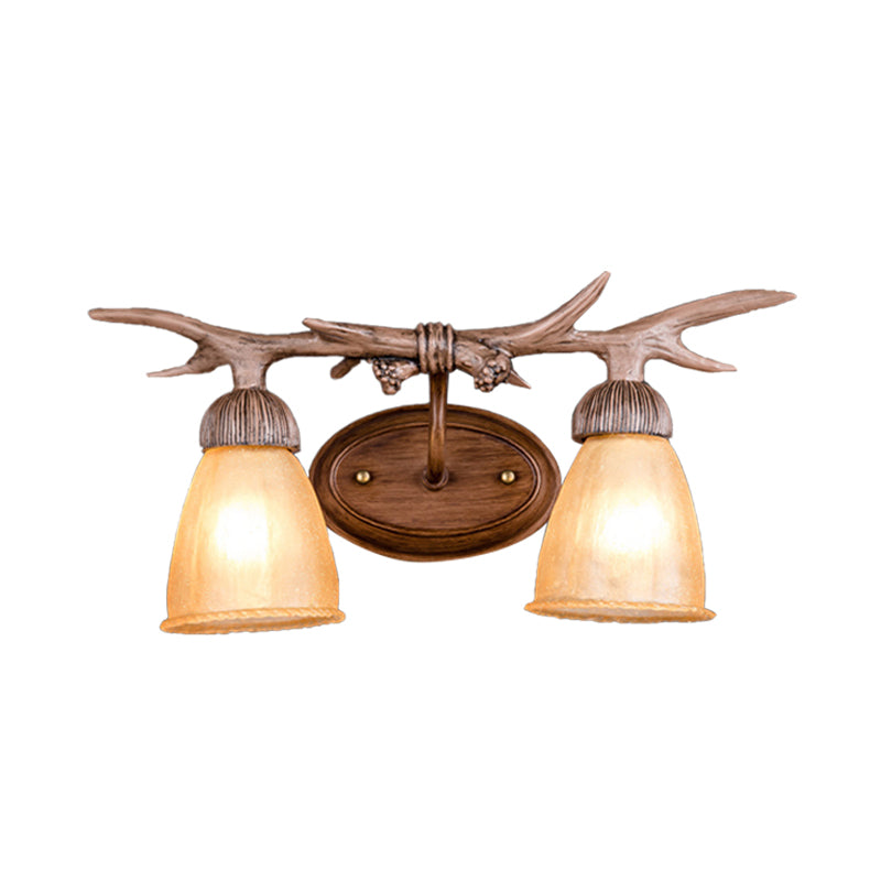 Rustic Dark Wood Cone Wall Sconce With Antler Deco - 2-Light Corridor Lamp