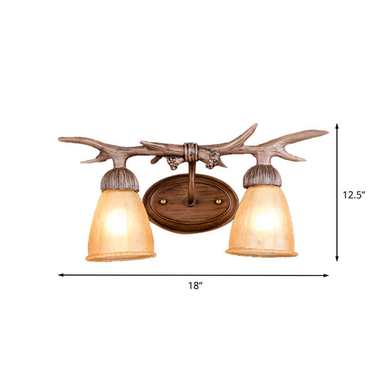 Rustic Dark Wood Cone Wall Sconce With Antler Deco - 2-Light Corridor Lamp