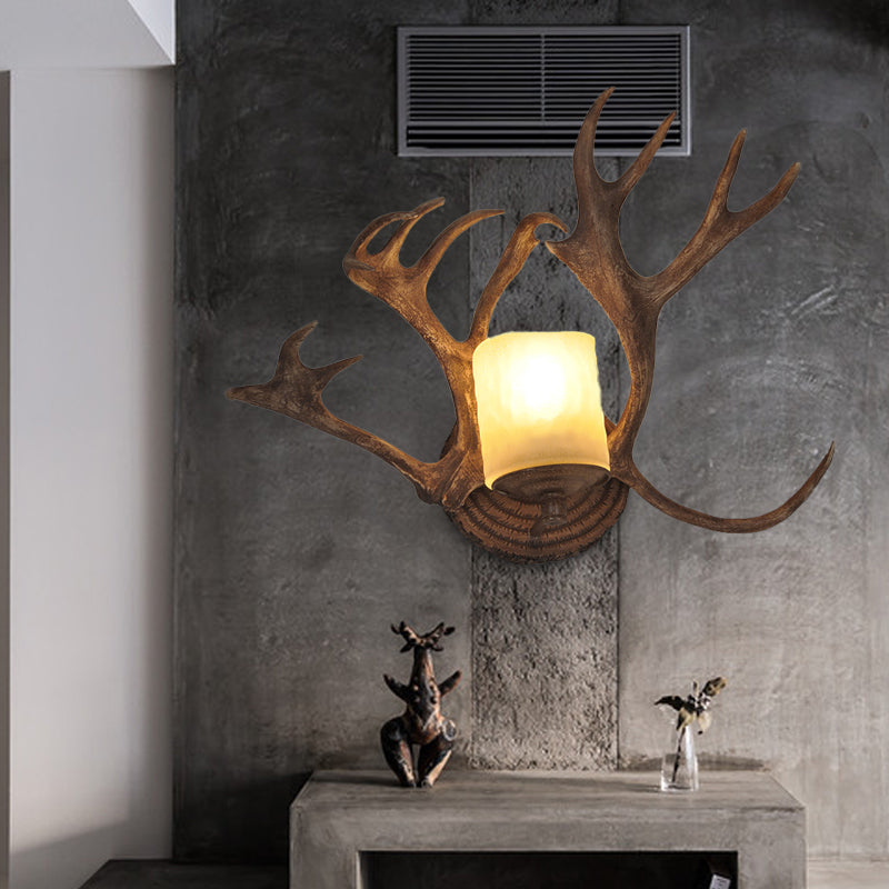 Rustic Drum Sconce Lamp - Wood Wall Mounted Light With Antler Deco For Bathroom