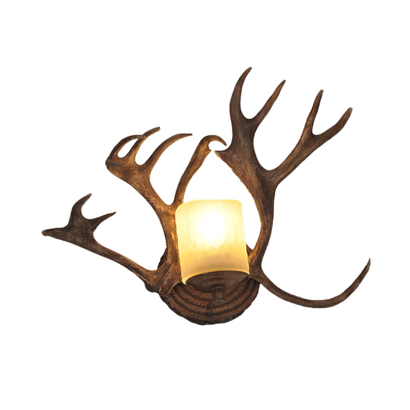 Rustic Drum Sconce Lamp - Wood Wall Mounted Light With Antler Deco For Bathroom