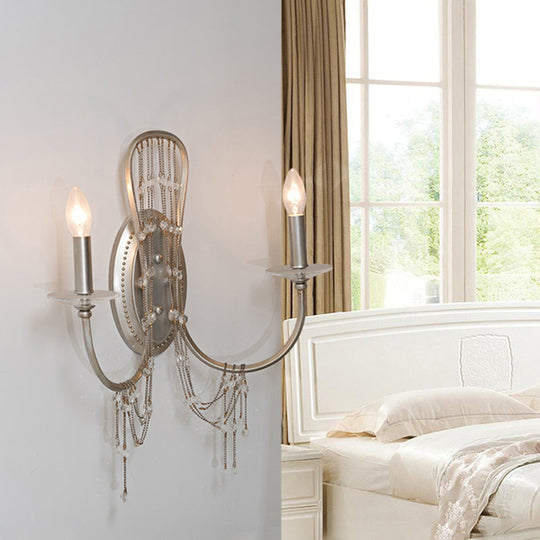 Traditional Metal Bedroom Wall Light With Crystal Drop- 2-Light Open Bulb Sconce - Chrome Finish