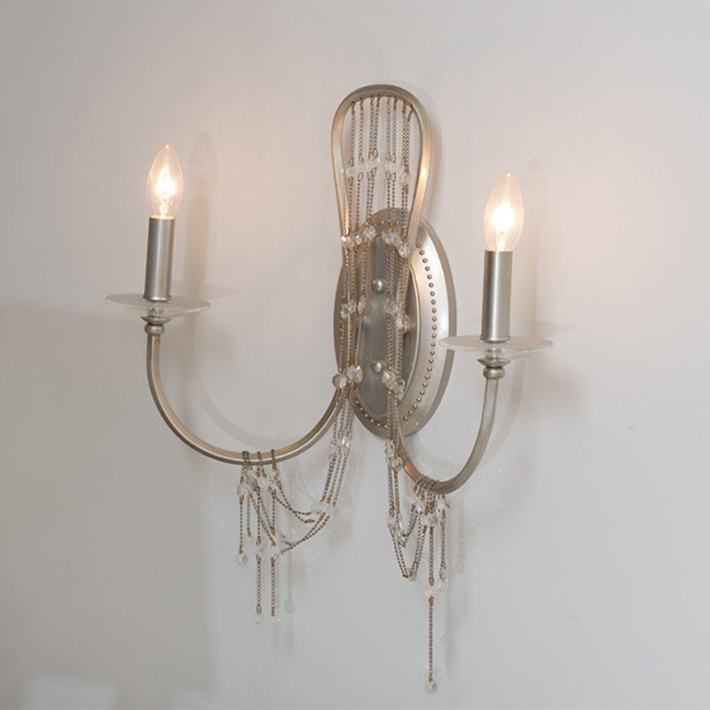 Traditional Metal Bedroom Wall Light With Crystal Drop- 2-Light Open Bulb Sconce - Chrome Finish