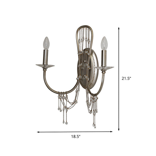 Traditional Metal Bedroom Wall Light With Crystal Drop- 2-Light Open Bulb Sconce - Chrome Finish