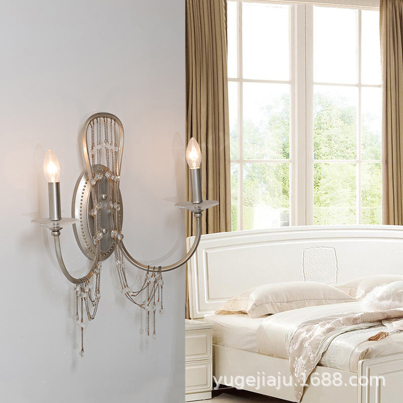 Traditional Metal Bedroom Wall Light With Crystal Drop- 2-Light Open Bulb Sconce - Chrome Finish