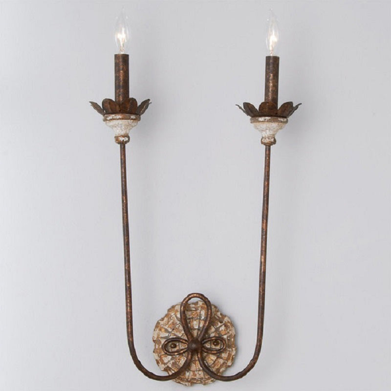 Country Style Rustic Metal 2-Light Wall Sconce For Dining Room With Flower Deco Rust