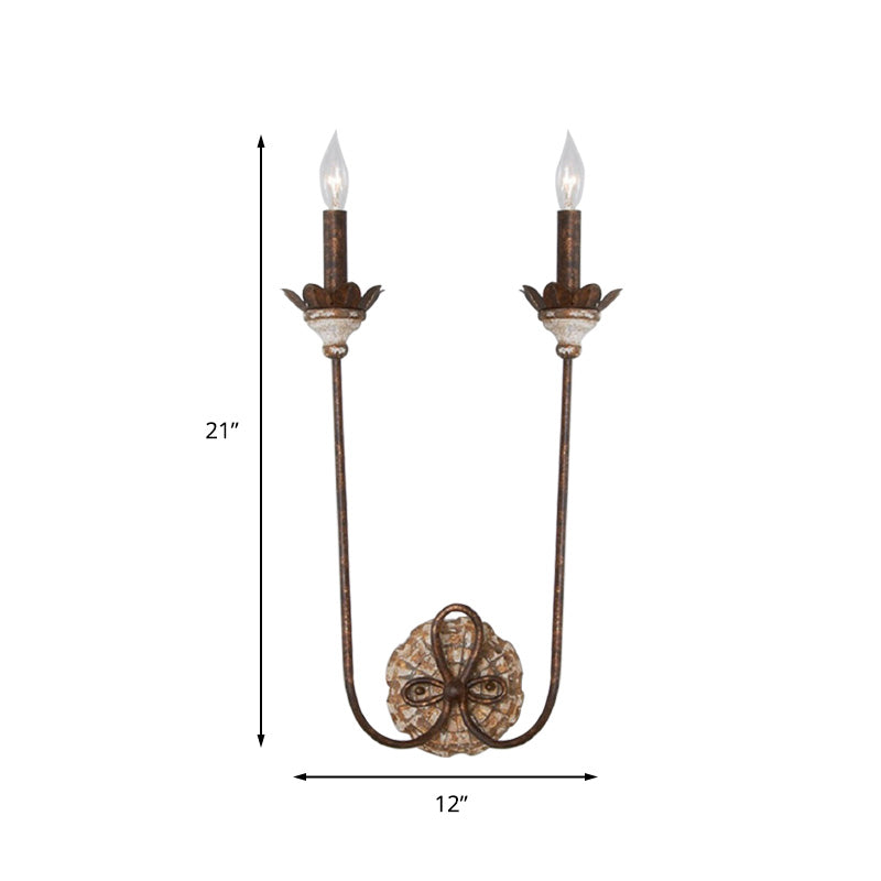 Country Style Rustic Metal 2-Light Wall Sconce For Dining Room With Flower Deco