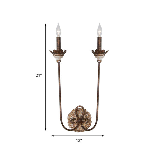 Country Style Rustic Metal 2-Light Wall Sconce For Dining Room With Flower Deco