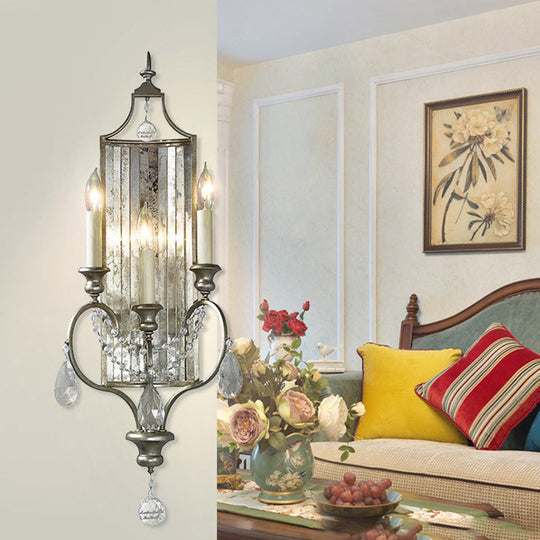 Country Metal 3-Light Silver Candelabrum Sconce: Bedroom Wall Mount Lighting With Crystal Drop