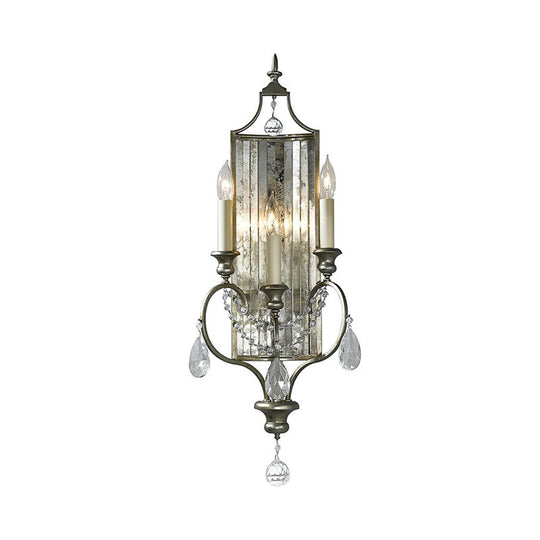 Country Metal 3-Light Silver Candelabrum Sconce: Bedroom Wall Mount Lighting With Crystal Drop