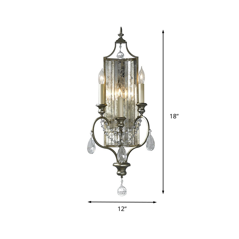 Country Metal 3-Light Silver Candelabrum Sconce: Bedroom Wall Mount Lighting With Crystal Drop